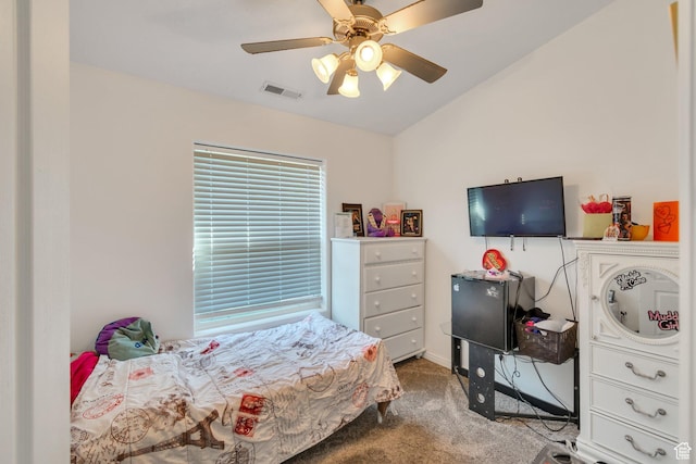 2163 W 127 S, Hurricane, UT 84737 - carpeted bedroom featuring a ceiling fan, lofted ceiling, and visible vents