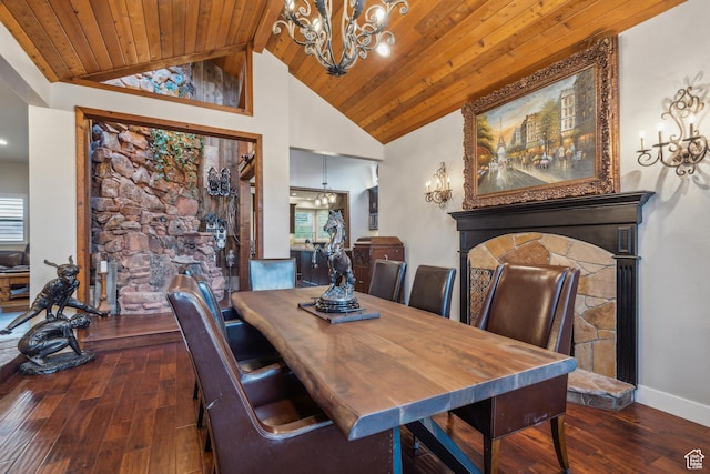 dining room featuring high vaulted ceiling, hardwood / wood-style floors, an inviting chandelier, baseboards, and wood ceiling