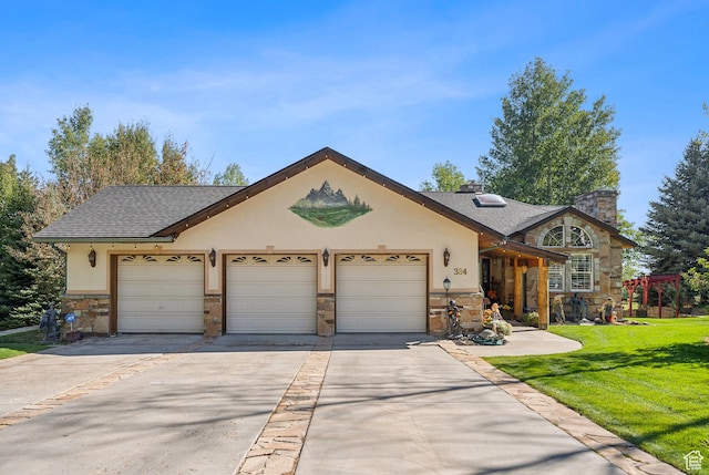 view of front of house featuring concrete driveway, an attached garage, stone siding, and stucco siding