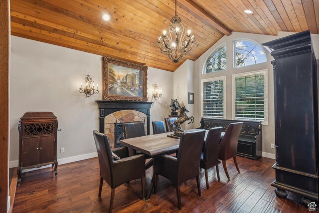dining space with hardwood / wood-style floors, wooden ceiling, baseboards, a chandelier, and vaulted ceiling with beams