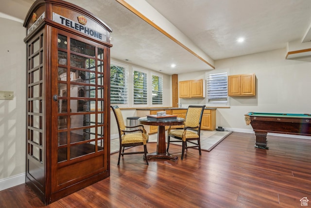 dining room featuring recessed lighting, baseboards, dark wood finished floors, and pool table