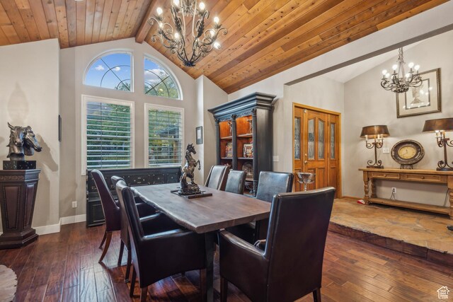 dining area featuring baseboards, dark wood-type flooring, an inviting chandelier, and high vaulted ceiling