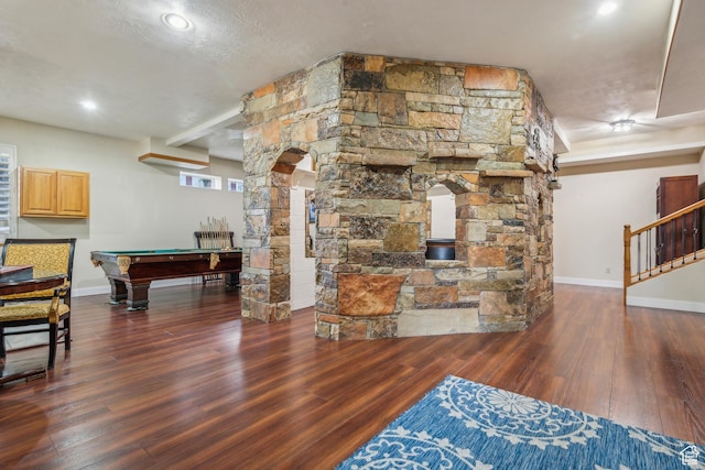 playroom with recessed lighting, baseboards, wood finished floors, and pool table