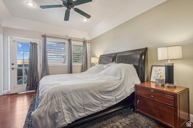 bedroom featuring a ceiling fan, recessed lighting, and dark wood-style floors