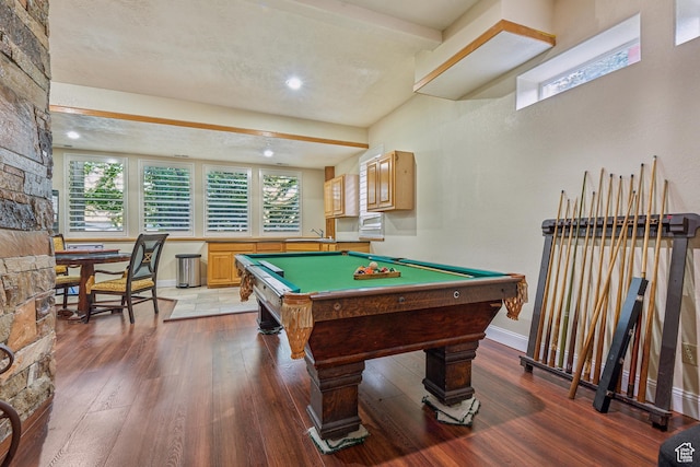 playroom featuring recessed lighting, pool table, baseboards, and hardwood / wood-style flooring
