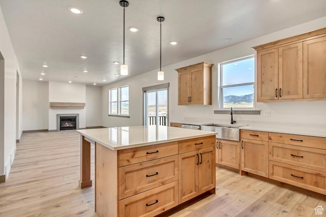 kitchen featuring a sink, light wood-type flooring, and light brown cabinetry
