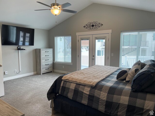 carpeted bedroom with a ceiling fan, baseboards, access to exterior, vaulted ceiling, and french doors