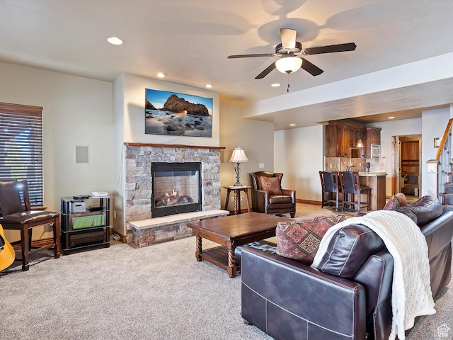 946 S Meadow Lark Ln E, Huntsville, UT 84317 - living area with stairs, carpet floors, a fireplace, ceiling fan, and recessed lighting