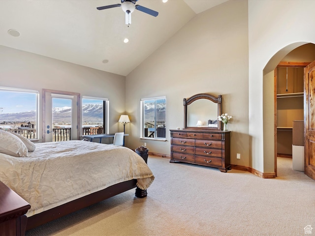 946 S Meadow Lark Ln E, Huntsville, UT 84317 - bedroom featuring high vaulted ceiling, carpet, baseboards, arched walkways, and access to exterior