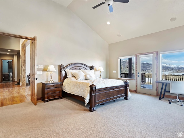 946 S Meadow Lark Ln E, Huntsville, UT 84317 - bedroom with light colored carpet, recessed lighting, high vaulted ceiling, access to outside, and ceiling fan