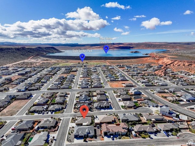 drone / aerial view featuring a water view