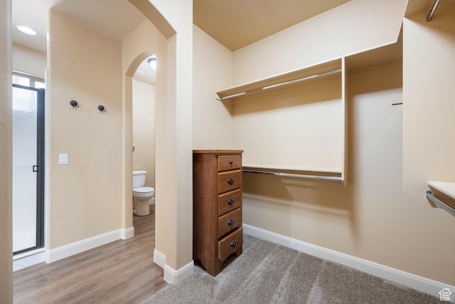 spacious closet with light wood-style floors and arched walkways