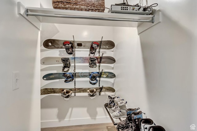 wine room with wood finished floors