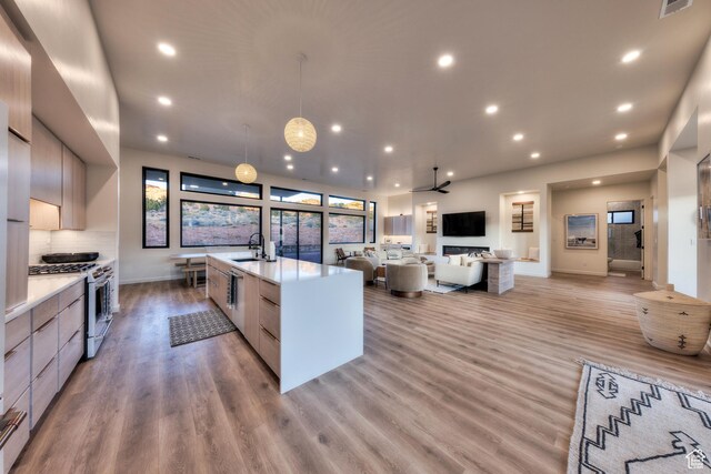 kitchen featuring modern cabinets, a sink, range with gas stovetop, light wood finished floors, and light countertops