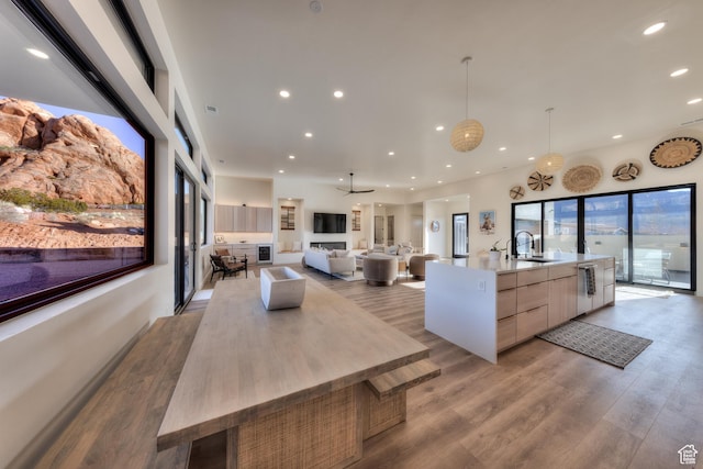 living area featuring recessed lighting, visible vents, and light wood finished floors