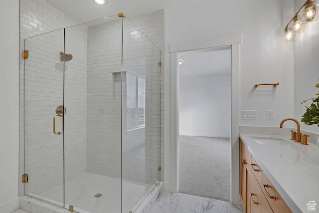 2878 W 2850 S, West Haven, UT 84401 - bathroom featuring vanity, a shower stall, and marble finish floor