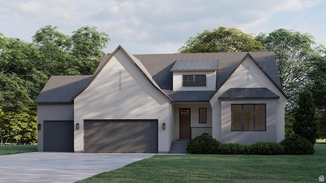 view of front of house with a garage, concrete driveway, a front lawn, and a shingled roof
