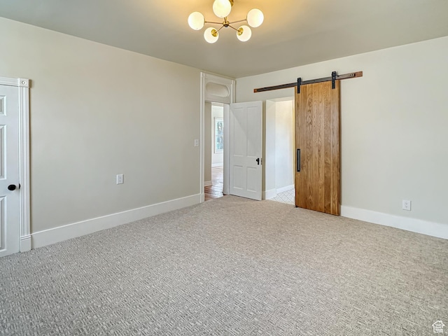 120 S 200 E, Castle Dale, UT 84513 - unfurnished bedroom with a barn door, baseboards, carpet, and a chandelier