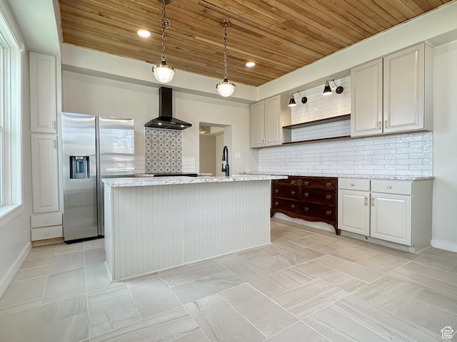 120 S 200 E, Castle Dale, UT 84513 - kitchen with open shelves, stainless steel fridge with ice dispenser, decorative backsplash, wooden ceiling, and wall chimney range hood