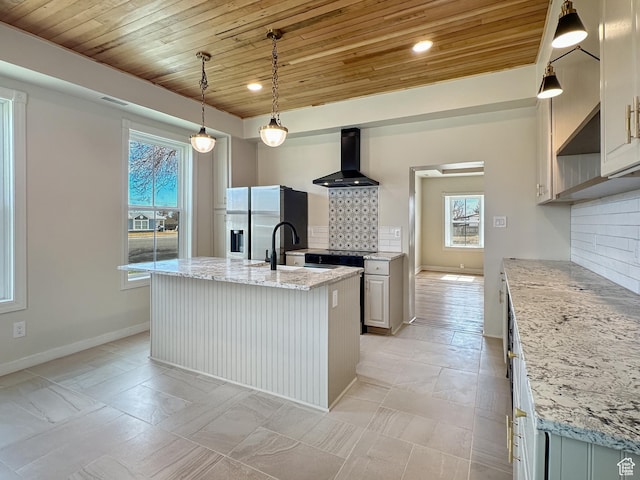 120 S 200 E, Castle Dale, UT 84513 - kitchen with tasteful backsplash, baseboards, wooden ceiling, stainless steel fridge, and wall chimney exhaust hood