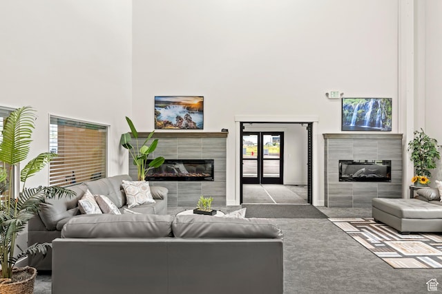 140 W 150th St S Unit D12, Garden City, UT 84028 - living area with a tile fireplace, a high ceiling, and carpet