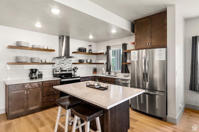 140 W 150th St S Unit D12, Garden City, UT 84028 - kitchen featuring open shelves, a sink, decorative backsplash, stainless steel appliances, and wall chimney exhaust hood