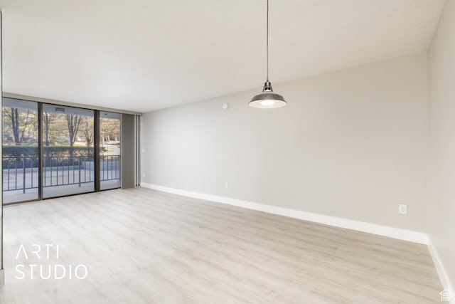 spare room with a wall of windows, wood finished floors, and baseboards
