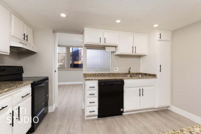 kitchen with under cabinet range hood, black appliances, light wood-style floors, and a sink