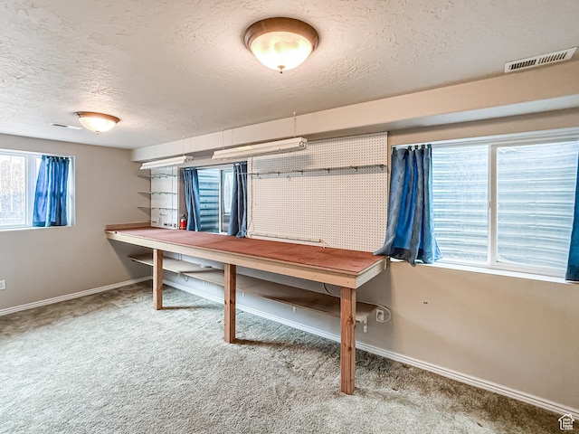 unfurnished office featuring visible vents, carpet floors, a textured ceiling, and baseboards