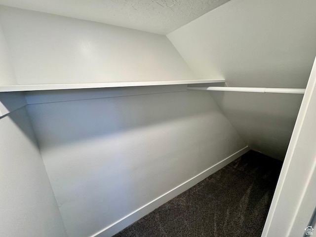 spacious closet featuring vaulted ceiling and dark colored carpet