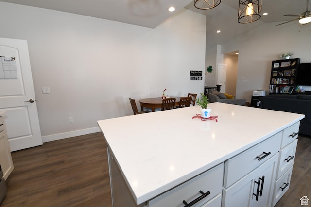 306 W 450 S, Ephraim, UT 84627 - kitchen featuring dark wood-style flooring, a ceiling fan, white cabinets, a center island, and open floor plan