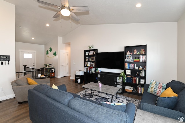 306 W 450 S, Ephraim, UT 84627 - living room with lofted ceiling, wood finished floors, a ceiling fan, and recessed lighting