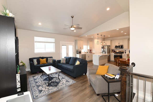 306 W 450 S, Ephraim, UT 84627 - living room featuring lofted ceiling, ceiling fan, wood finished floors, and recessed lighting