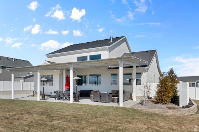 134 E Marciano Way, Grantsville, UT 84029 - back of property featuring outdoor lounge area, a patio, fence, and a lawn