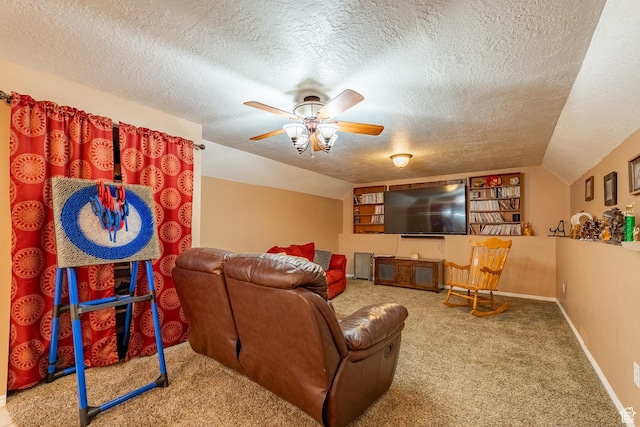 2602 W 1800 S, West Haven, UT 84401 - carpeted living area featuring a textured ceiling, baseboards, a ceiling fan, and lofted ceiling