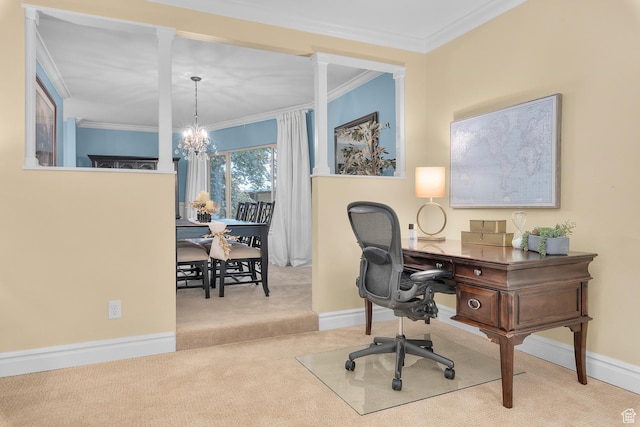 carpeted office space featuring crown molding, baseboards, and a chandelier