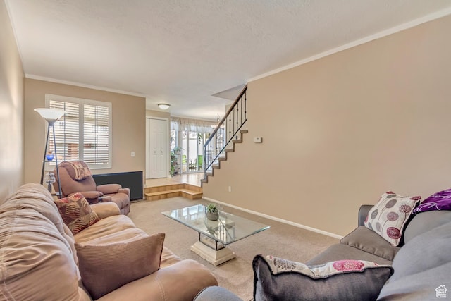 203 W Pheasantbrook Dr N, Centerville, UT 84014 - carpeted living area with crown molding, a textured ceiling, stairs, and baseboards