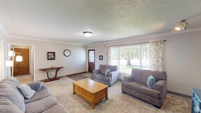 1207 S 600 W, Preston, ID 83263 - living area featuring ornamental molding, light carpet, and a textured ceiling