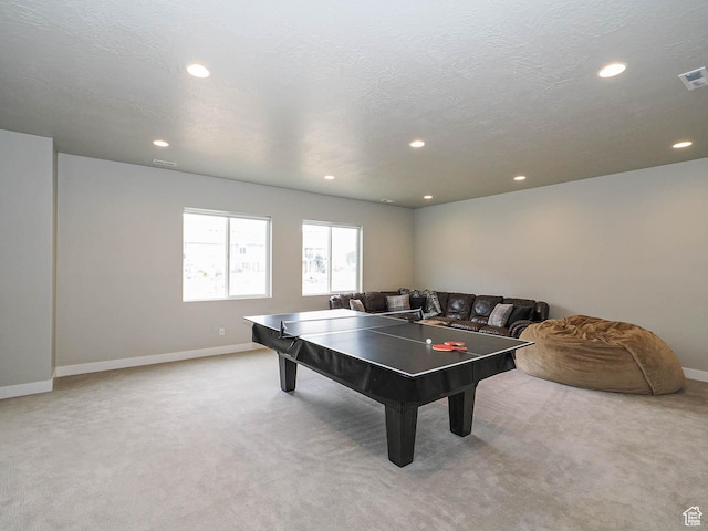 game room with visible vents, a textured ceiling, recessed lighting, carpet, and baseboards