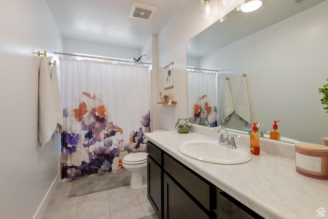 bathroom featuring visible vents, a shower with curtain, toilet, tile patterned flooring, and vanity