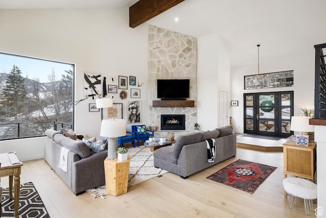 4673 Nelson Ct, Park City, UT 84098 - living area featuring high vaulted ceiling, wood finished floors, a stone fireplace, and beamed ceiling