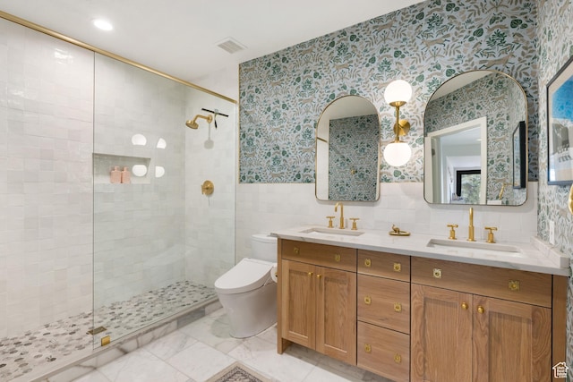 4673 Nelson Ct, Park City, UT 84098 - bathroom with wallpapered walls, toilet, walk in shower, tile walls, and double vanity