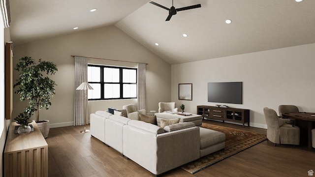 387 S 7900th St E Unit 13, Huntsville, UT 84317 - living room with ceiling fan, wood finished floors, recessed lighting, and high vaulted ceiling