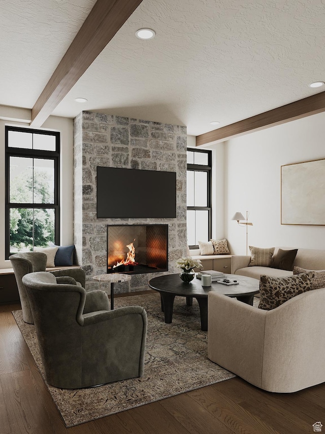 387 S 7900th St E Unit 13, Huntsville, UT 84317 - living room with beam ceiling, wood finished floors, a stone fireplace, and a textured ceiling
