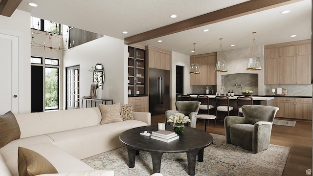 387 S 7900th St E Unit 13, Huntsville, UT 84317 - living area with recessed lighting, dark wood-style floors, beam ceiling, and a chandelier