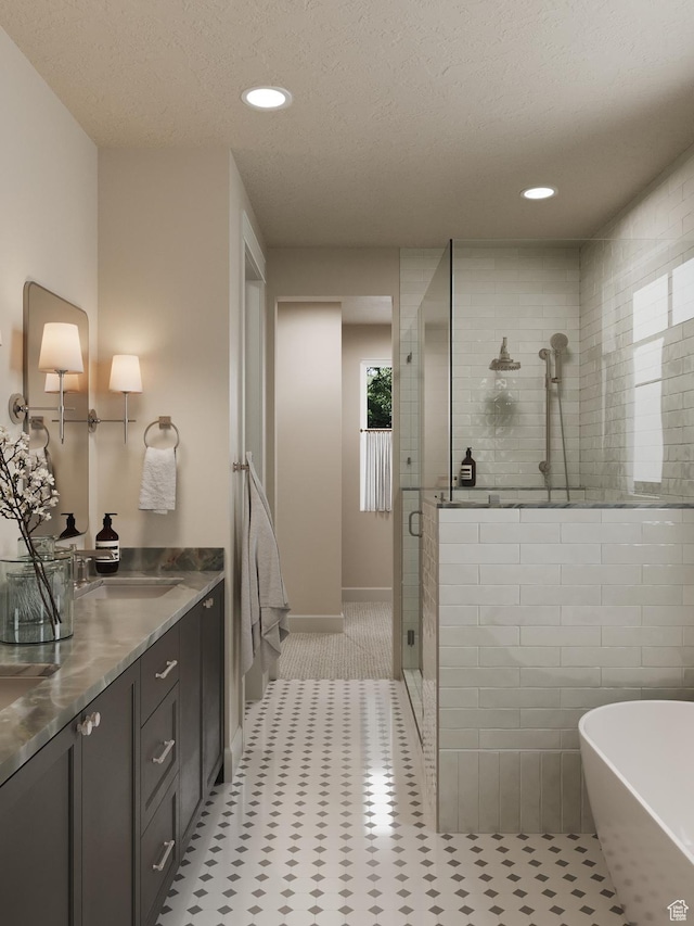 439 S 7900 E Unit 11, Huntsville, UT 84317 - full bath with a stall shower, vanity, a freestanding tub, recessed lighting, and a textured ceiling