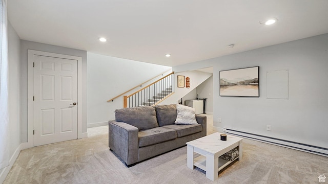 living area featuring light carpet, stairway, recessed lighting, and a baseboard radiator