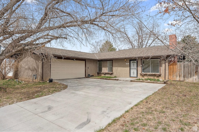 ranch-style home featuring fence, driveway, a chimney, stucco siding, and a garage