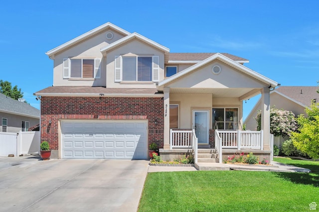 view of front of home with fence, driveway, a porch, a garage, and brick siding