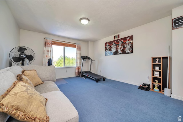 exercise room with carpet flooring and baseboards